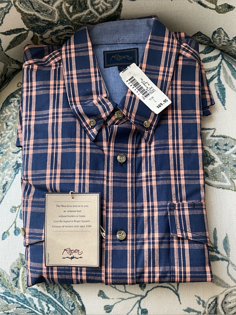 Roper Men's Navy and Peach Plaid Button-Down Long Sleeve Shirt 34/35 16
